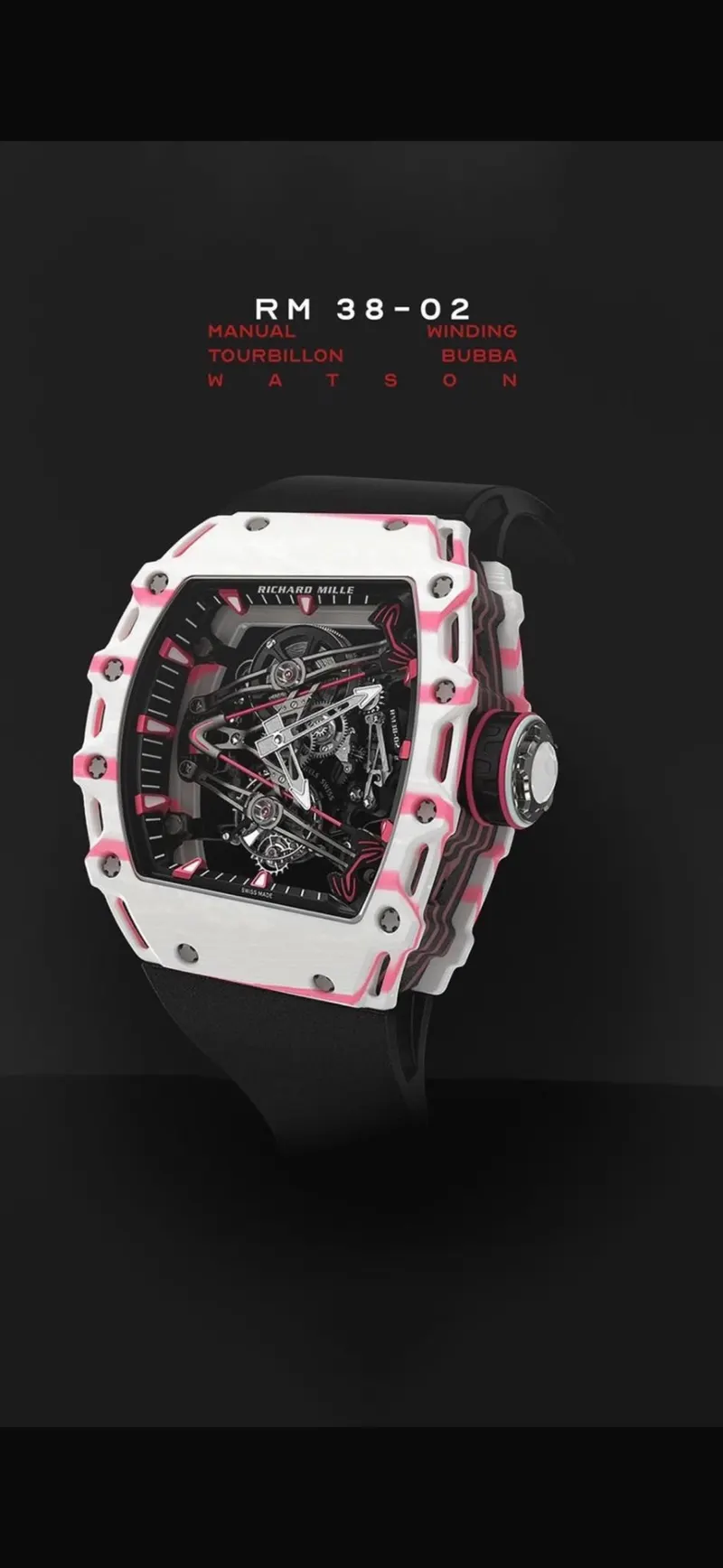 Richard Mille RM 38-02 Bubba Watson Tourbillon, White Quartz TPT and Carbon TPT, Pink accents, Manual-winding tourbillon