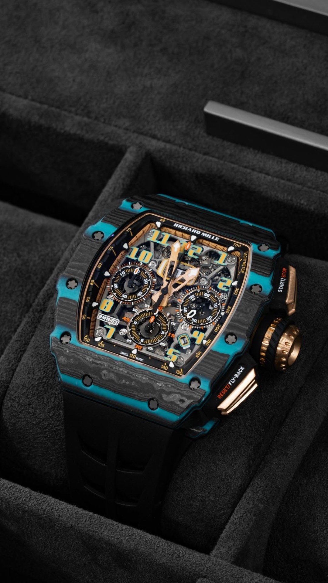 RM 11-03 Automatic Flyback Chronograph — Carbon TPT · Rose-gold pushers · Flyback chronograph — Richard Mille